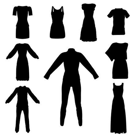 Set with silhouettes of clothes, dresses, suits isolated on white background. Vector illustrationのイラスト素材