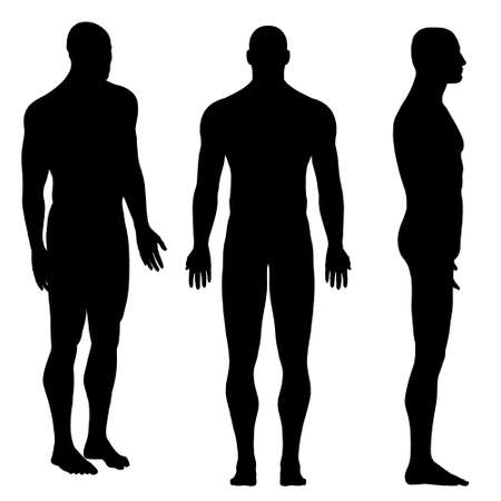 Set with a silhouette of a man in a pose with hands down isolated on a white background. Front, side, isometric view. Vector illustrationのイラスト素材