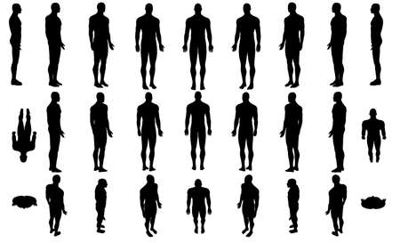 Set with silhouettes of a body of a man in different positions isolated on a white background. Vector illustrationのイラスト素材