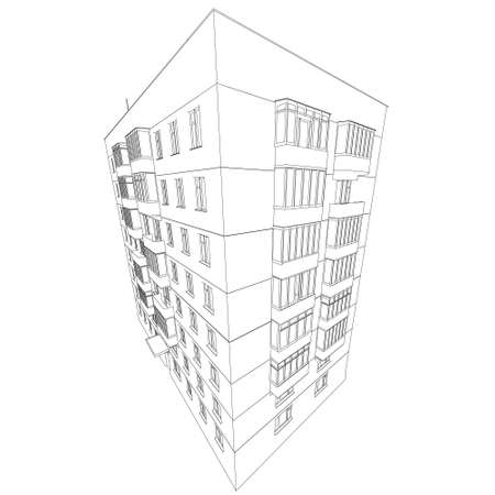 Contour of a multi-storey residential building from black lines isolated on a white background. Distorted perspective view. 3D. Vector illustrationのイラスト素材