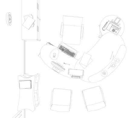 The contour of the workplace of an office worker with a computer, monitor, phone and other from black lines isolated on a white background. View from above. Vector illustrationのイラスト素材