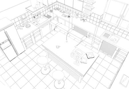 Contour of a kitchen with kitchen utensils isolated on a white background. Perspective view. Vector illustrationのイラスト素材