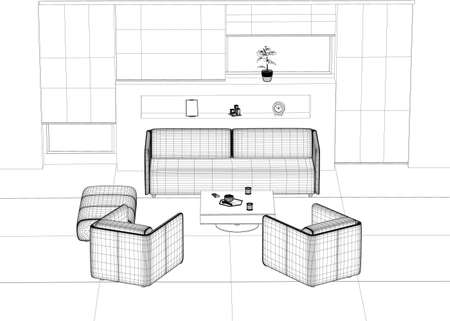Interior outline with armchairs, sofa, table and TV. Wireframe of the guest room for relaxation. 3D. Vector illustrationのイラスト素材