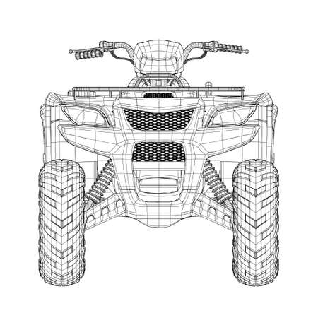 Wireframe of detailed ATV from black lines isolated on white background. Front view. 3D. Vector illustrationのイラスト素材