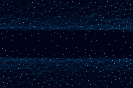 Background with wireframe uneven surface bottom and top with glowing lights on a dark background....