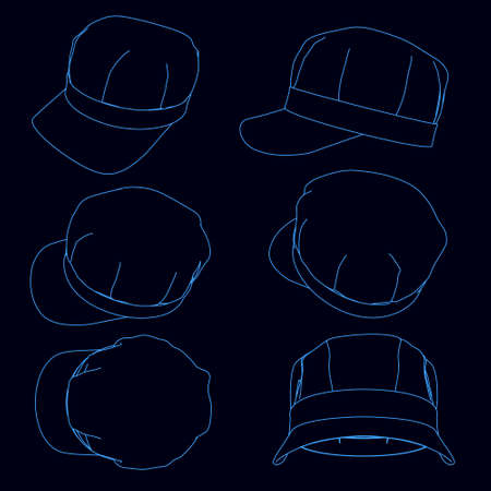 Set with contours of a cap with a visor of blue lines on a dark background. Vector illustrationのイラスト素材