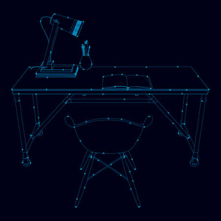 Contour of a workplace with a table and a chair made of blue lines on a dark background. Vector illustrationのイラスト素材