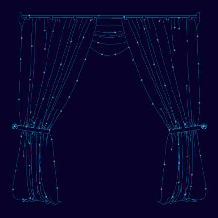 Wireframe of curtains made of blue lines with glowing lights on a dark background. Vector illustrationのイラスト素材