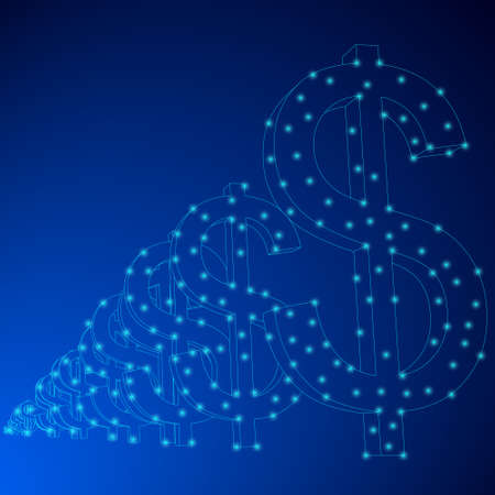 The contour of the dollar money symbol from blue lines with glowing lights on a dark background. Vector illustrationのイラスト素材