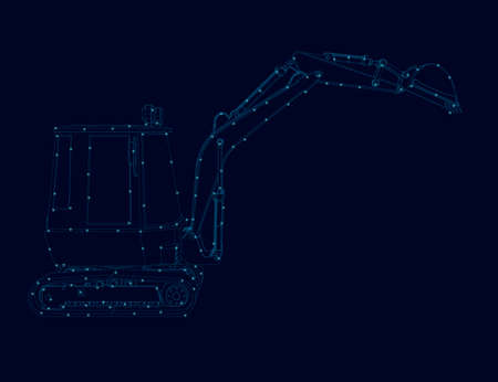 Contour of a small excavator made of blue lines with glowing lights on a dark background. Vector illustrationのイラスト素材
