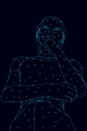 Wireframe of a pensive girl from blue lines with glowing lights on a dark background. Bottom view. 3D. Vector illustrationのイラスト素材