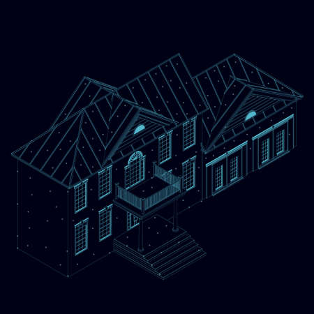 Wireframe of a two story house made of blue lines with glowing lights on a dark background. Isometric view Vector illustrationのイラスト素材