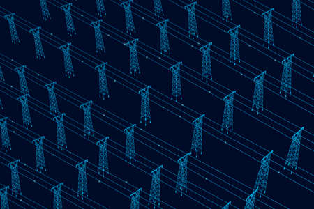 Background with many outlines of power lines from blue lines on a dark background. Isometric view....
