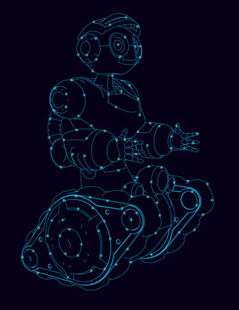 Contour of a robot on a goose with hands with glowing lights from blue lines isolated on a dark background. Front side. Vector illustrationのイラスト素材