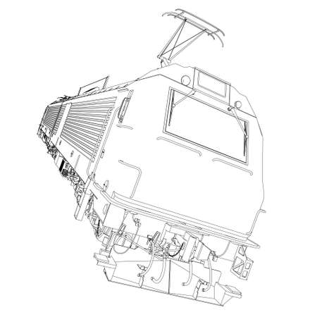 Electric locomotive contour from black lines isolated on white background. Detailed train. Front view. Vector illustrationのイラスト素材