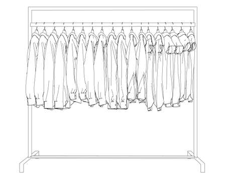 Outline of clothes hanging on a hanger isolated on white background. Clothes on a hanger in the store. Vector illustrationのイラスト素材