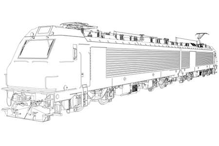 Electric locomotive contour from black lines isolated on white background. Detailed train. Vector illustrationのイラスト素材