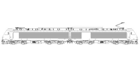 Electric locomotive contour from black lines isolated on white background. Detailed train. Side view. Vector illustrationのイラスト素材