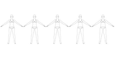 Set with the contours of a girl in underwear gradually gaining weight from black lines, isolated on a white background. From slim to fat girl. Vector illustrationのイラスト素材