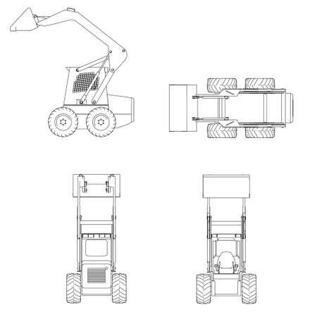 Set with wireframe of a small forklift from black lines isolated on white background. Side, front, back, top view. Vector illustrationのイラスト素材