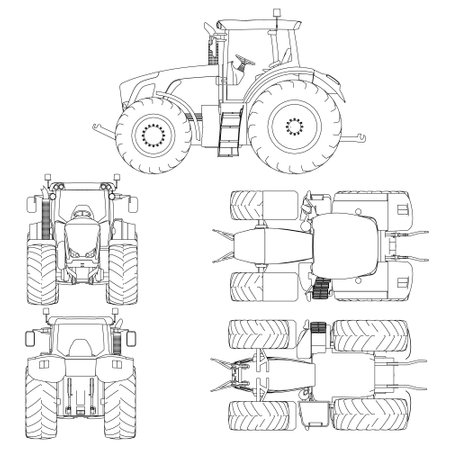 Set with the contours of the tractor from black lines Isolated on white background. Side, front, back, top, bottom views. Vector illustrationのイラスト素材