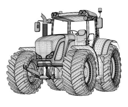 Tractor wireframe from black lines isolated on white background. 3D. Vector illustrationのイラスト素材