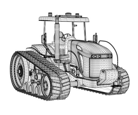 Tractor wireframe on tracks from black lines isolated on white background. 3D. Vector illustrationのイラスト素材