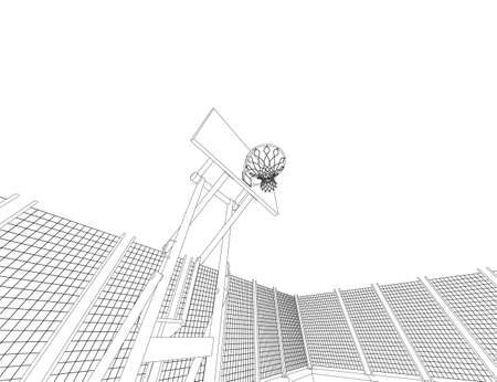 The contour of a basketball hoop on the field, fenced with a net of black lines isolated on a white...