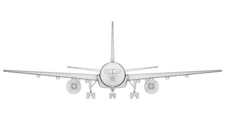 Passenger airplane wireframe isolated on white background. Front view. 3D. Vector illustrationのイラスト素材