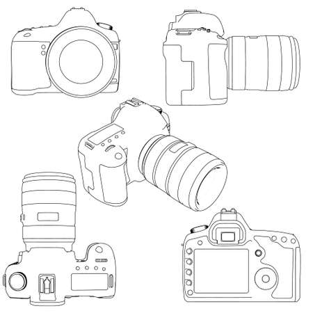 Set with contours of a digital camera with a lens from black lines isolated on a white background. Side view, isometric, front, top, back. Vector illustrationのイラスト素材