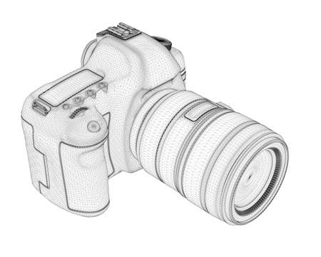 Digital camera wireframe with black lines lens isolated on white background. Isometric view. 3D....