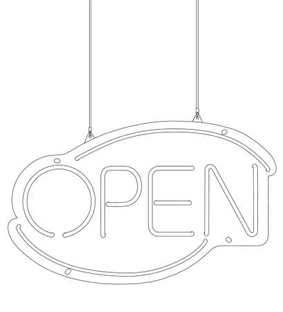 Contour of an advertising signboard with the word OPEN from black lines isolated on white background. Front view. Vector illustrationのイラスト素材