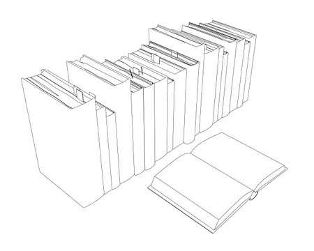 Contour of a stack of books from black lines isolated on a white background. One open book. Isometric view. Vector illustrationのイラスト素材