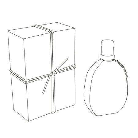 Contour of perfume bottle with gift wrapping from black lines isolated on white background. Vector illustrationのイラスト素材