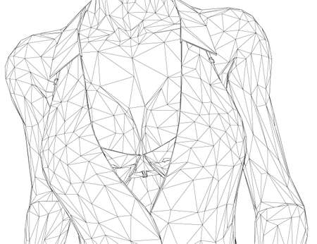 Wireframe of a female torso in a jacket with a lush breasts in a bra of black lines isolated on a white background. 3D. Vector illustrationのイラスト素材