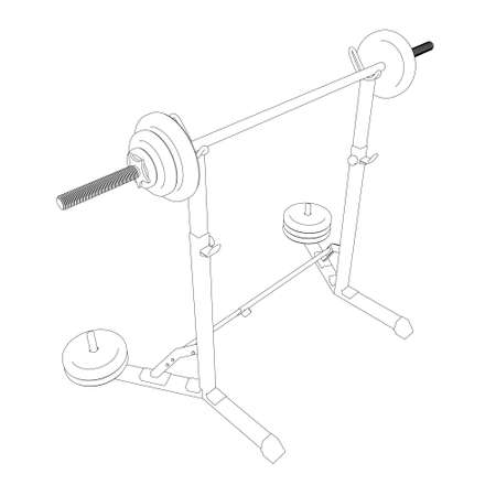 Contour of a barbell on a squat rack from black lines isolated on a white background. Isometric view. Vector illustrationのイラスト素材