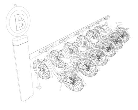 Bicycle parking contour from black lines isolated on white background. Isometric view. Vector illustrationのイラスト素材