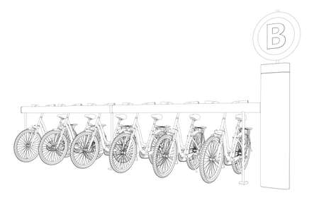 Bicycle parking contour from black lines isolated on white background. Six bicycles Vector illustrationのイラスト素材