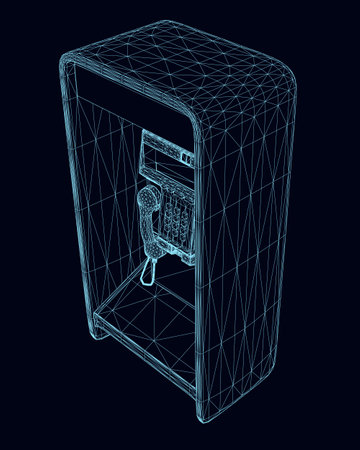 Wireframe of a booth with a street phone from blue lines, isolated on a dark background. Isometric view. 3D. Vector illustrationのイラスト素材