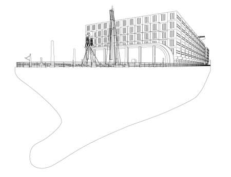 Outline of a large ship with containers from black lines, isolated on a white background. Perspective view. Vector illustrationのイラスト素材