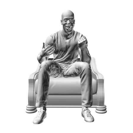 Joyful man sits in a chair isolated on a white background. The man watches TV and is happy. 3D. Vector illustrationのイラスト素材