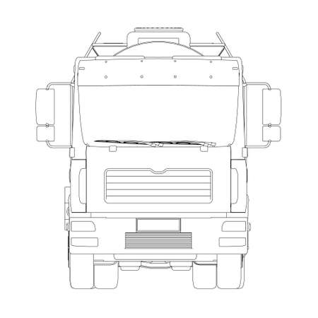 Contour of a tank truck for transportation of gasoline from black lines isolated on a white background. Truck with a tank for the transport of goods. Front view. Vector illustrationのイラスト素材