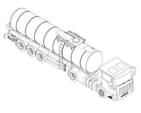 Contour of a tank truck for transportation of gasoline from black lines isolated on a white background. Truck with a tank for the transport of goods. Isometric view. Vector illustrationのイラスト素材