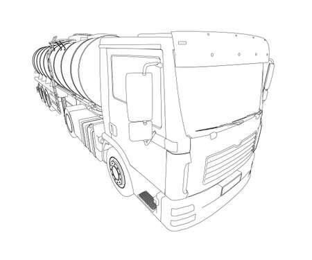 Contour of a tank truck for transportation of gasoline from black lines isolated on a white background. Truck with a tank for the transport of goods. Perspective view. Vector illustrationのイラスト素材