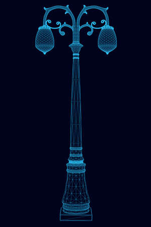 Wireframe of a street decorative lamp made of blue lines isolated on a dark background. Front view. 3D. Vector illustrationのイラスト素材
