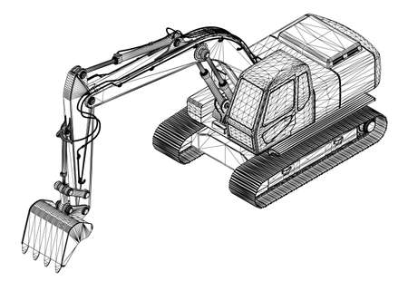 Excavator wireframe from black lines isolated on white background. Isometric view. 3D. Vector illustrationのイラスト素材