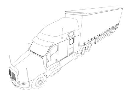 Contour of a truck with a wagon from black lines isolated on a white background. Perspective view. Vector illustrationのイラスト素材