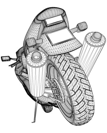 Wireframe of a sports motorcycle from black lines isolated on white background. Back view. 3D. Vector illustrationのイラスト素材