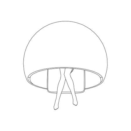 The contour of a girl sitting in a circular spherical chair made of black lines, isolated on a white background. View from above. Vector illustrationのイラスト素材