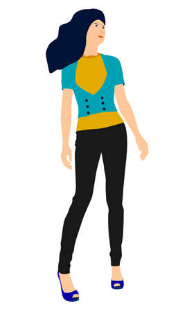 A girl with magnificent hair in fashionable clothes stands on high heels isolated on a white background. Cartoon style. Vector illustrationのイラスト素材